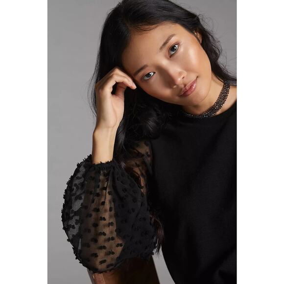 Anthropologie Maeve Textured-Sleeve Top Black Medium Chic Dark Romantic Edgy - Picture 3 of 13